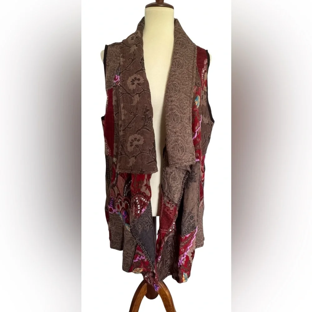 Anu Bohemian Brown Patchwork Draped Sleeveless Boho Vest Cardigan Size Medium - Picture 2 of 8